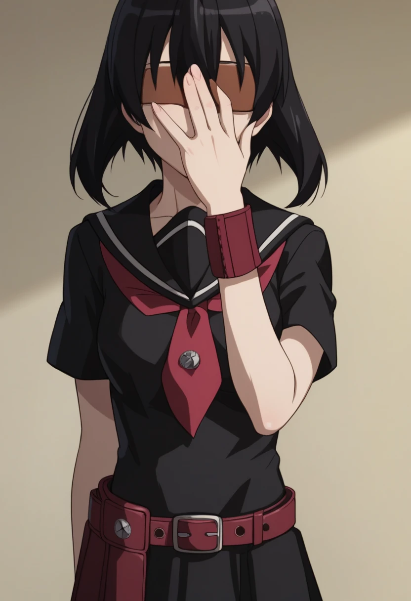 girl,covering her eyes with one hand, 1girl, solo, kurome, short hair, black hair, black eyes, hair between eyes,
skirt, school uniform, serafuku, belt, black serafuku, short sleeves, belt, black skirt, neckerchief, red neckerchief,(covering own eyes, One-handed v)