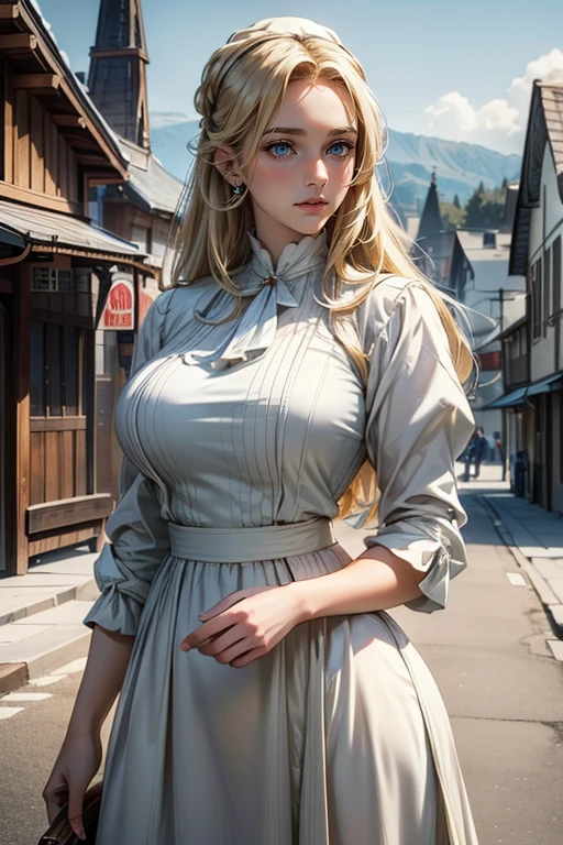 ((masterpiece)), (((best quality))), solo, 1 female, pale white skin, golden blonde hair, ((straight flat hair)), side part, very beautiful young woman, low bun, (thick thighs), (wide ), ((())), scenery of a town, blue eyes, (((early 1900s))), (((long modest dress))), detailed face, highest quality, highly detailed, original, high resolution CG Unit 8k wallpaper, (best quality, artwork, masterpiece, 4k)