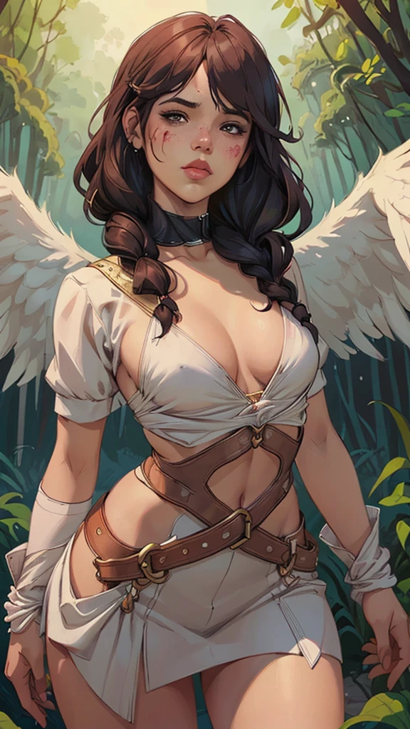 jflw,an animation of a woman in a white dress with a golden belt and wings on her head and her hair in her hand, stanley artgerm lau, a detailed animation, Fantasyart, feathered wings, 
work of art, best qualityer, high-range dynamics, vivid, rich details details, shadows and light highlights, realisitic, concentrated, enhanced contrast, high detailed digital art,