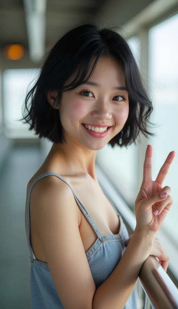 RAW photo, best quality, masterpiece, photorealistic, Polish girl, 20 years old, black hair, Light grey eyes, short bob cut, hair in 7 thirds, hair over one ear, Symmetrical eyes, Detailed Skin, Detailed face, Detailed hands, Big Breasts, rip gloss, Photographed in front of a stylish pastel-colored exterior wall, smiling, eyes closed, peace sign, upper body, sunny, outdoors, detailed background, gel nails