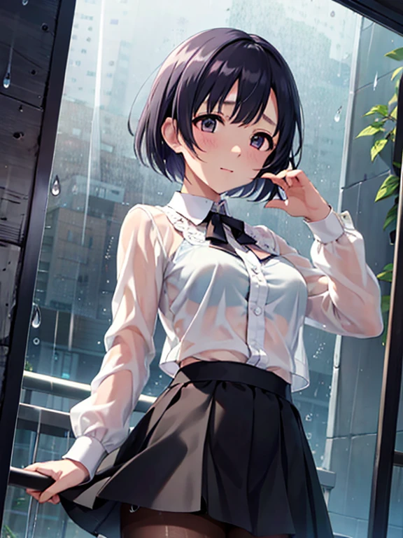 ((top-quality、8K、masterpiece:1.3))、1人、Slender Abs、sofas、hyperdetailed face、A detailed eye、二重まぶた、very Bigger breasts、large full breasts、Colossal tits、Neat and clean schoolgirl、short-hair、Straight bob hair、Shorthair with bangs、A smile、Schoolgirl Uniform、Panties are visible from the skirt、An 18-year-old woman、Sheer white shirt、Navy blue ribbon at the collar、Dark blue pleated micro mini、Sexy、Peek at the viewer、Beautiful graphics、Bright school building with strong sunlight、Show me your whole body、is standing、Plump panties、Detailed female genital shapes、Black pantyhose、Lift the hem of the skirt with both hands、(Facing the front)(((Blushing cheeks、embarassed expression)),(((The skirt is rolled up by the wind)))、Showing white panties、depth of fields、Bokeh in the background、