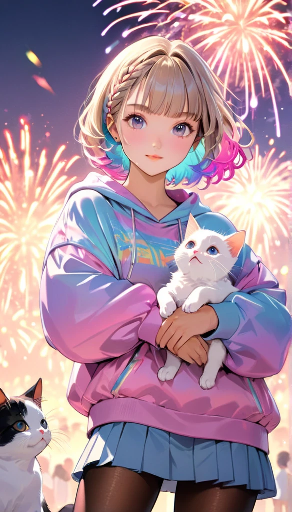  the prettiest girl in the world、( best quality:1.2,  Very detailed, Latest,  vibrant ,  High Contrast , masterpiece:1.2,  best quality,  best aesthetics),  girl, (( Poses holding a cute kitten :1.4)),  colorful hair,Short bob ponytail with braids ,  pastel colors ,  1980s Style , ((retro,  vintage, plain background )) ,  best quality, Masterpiece High Definition Masterpiece、  idol group  、 Short Haired Bob Hairbraid Bang Hair、cute  girl、  Casual Hoodie Outfit  、 miniskirt、 thin black pantyhose  、 、 Fireworks festival background、flowerpunk、 Glowing light particles 、  brilliant gradient effect