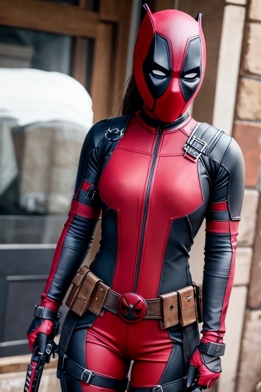 young girl wearing iron deadpool, 