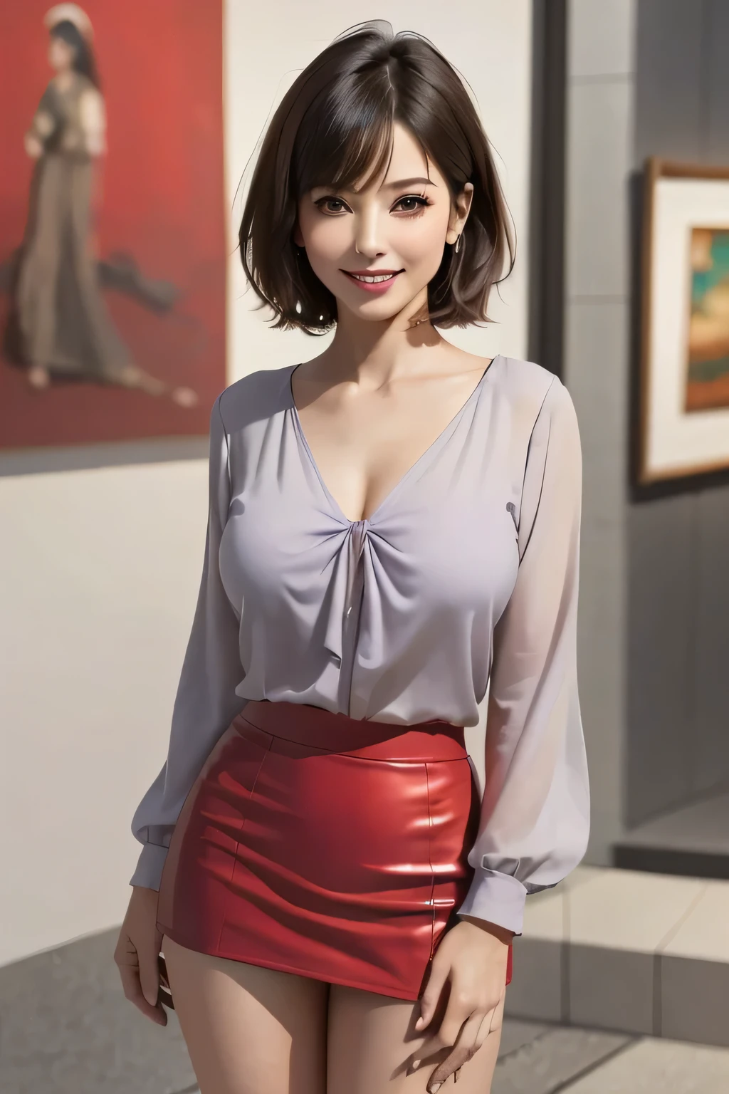 (1 Ultimate Beautiful Mature Woman),  very detailedな顔,  beautiful brown eyes,  double eyelids , detail lip ,  has short black hair , (Light purple blouse:1.2), ( red tight mini skirt :1.4), ( Big Breasts ), smile, Thighs,   perfect lighting , ( realistic :1.4), ( very detailed), ( top quality), (best shadow), (masterpiece), ( top quality), ( super high resolution),  ((background:  Tokyo Ginza Art Gallery))