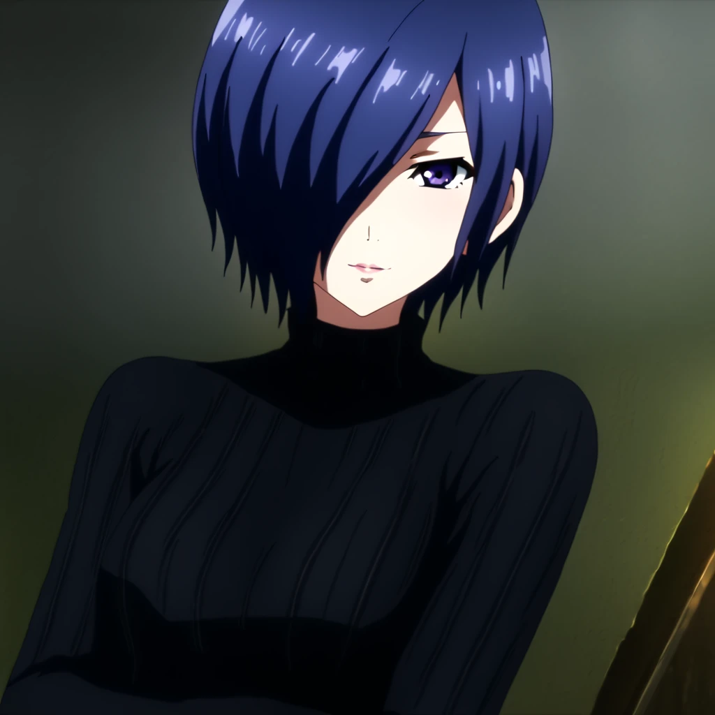 source_anime, solo, 1girl, kirishima touka, seductive smile, looking at viewer, blue hair, hair over one eye, blue eyes, black tight sweater