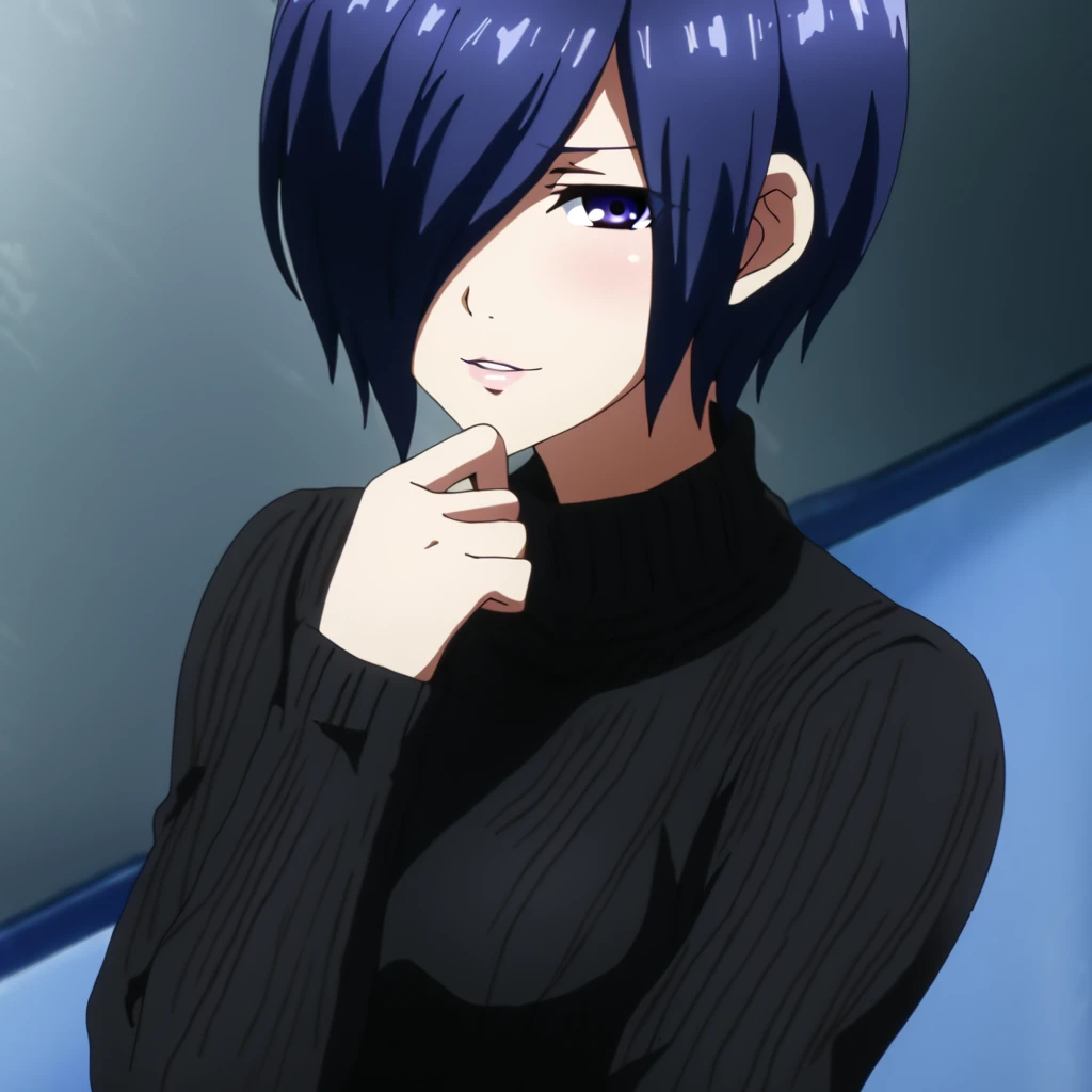 source_anime, solo, 1girl, kirishima touka, seductive smile, looking at viewer, blue hair, hair over one eye, blue eyes, black tight sweater