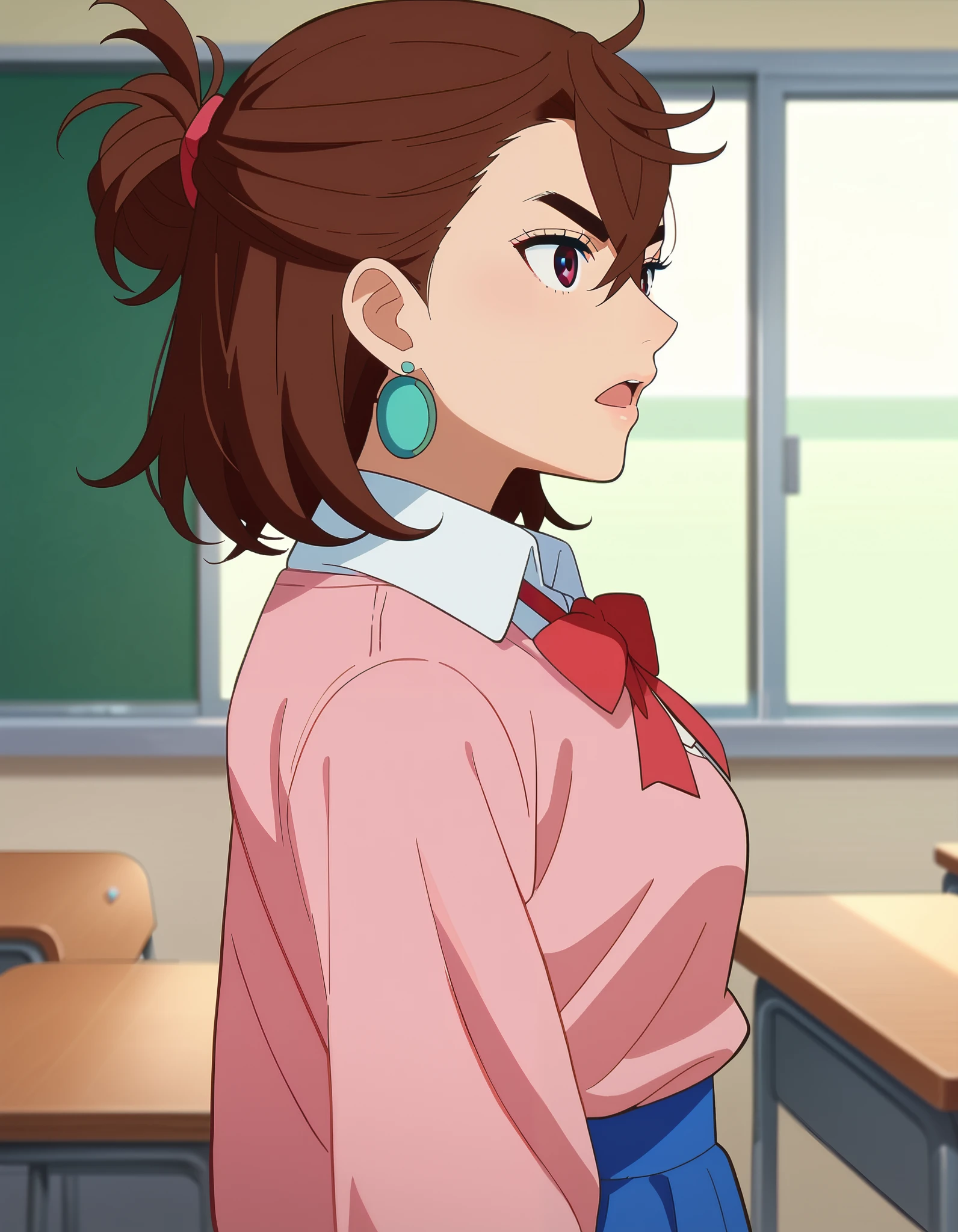  score_9,  score_8_up,  score_7_up, Anime screencap,  source_Anime,  1 girl, Alone,
KYOMOMO,  brown hair, Dark Eyes,  medium hair up to buttocks,  hair between eyes ,  thick eyebrows,  earrings for a woman alone, 
  white collared shirt  ,  pink pullover too big,  Long Sleeve , Red Ribbon,  Blue Short Skirts, untucked shirt, 
Arms at your sides, Serious, from side,  Watch viewers,  open mouth, 
classroom, Daytime,
(beautiful,  medium chest :1.2),