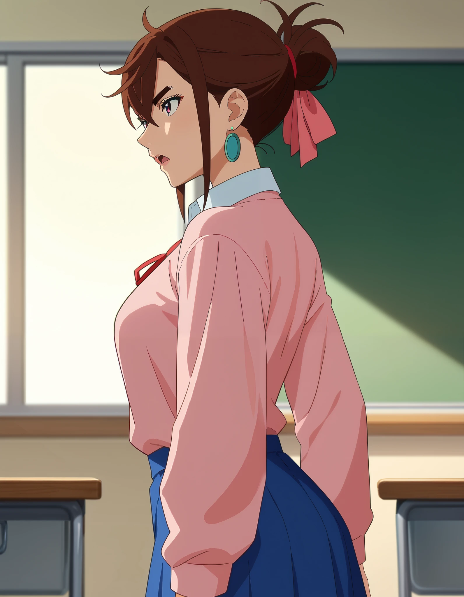  score_9,  score_8_up,  score_7_up, Anime screencap,  source_Anime,  1 girl, Alone,
KYOMOMO,  brown hair, Dark Eyes,  medium hair up to buttocks,  hair between eyes ,  thick eyebrows,  earrings for a woman alone, 
  white collared shirt  ,  pink pullover too big,  Long Sleeve , Red Ribbon,  Blue Short Skirts, untucked shirt, 
Arms at your sides, Serious, from side,  watch viewers,  open mouth, 
classroom, Daytime,
(beautiful,  medium chest :1.2),