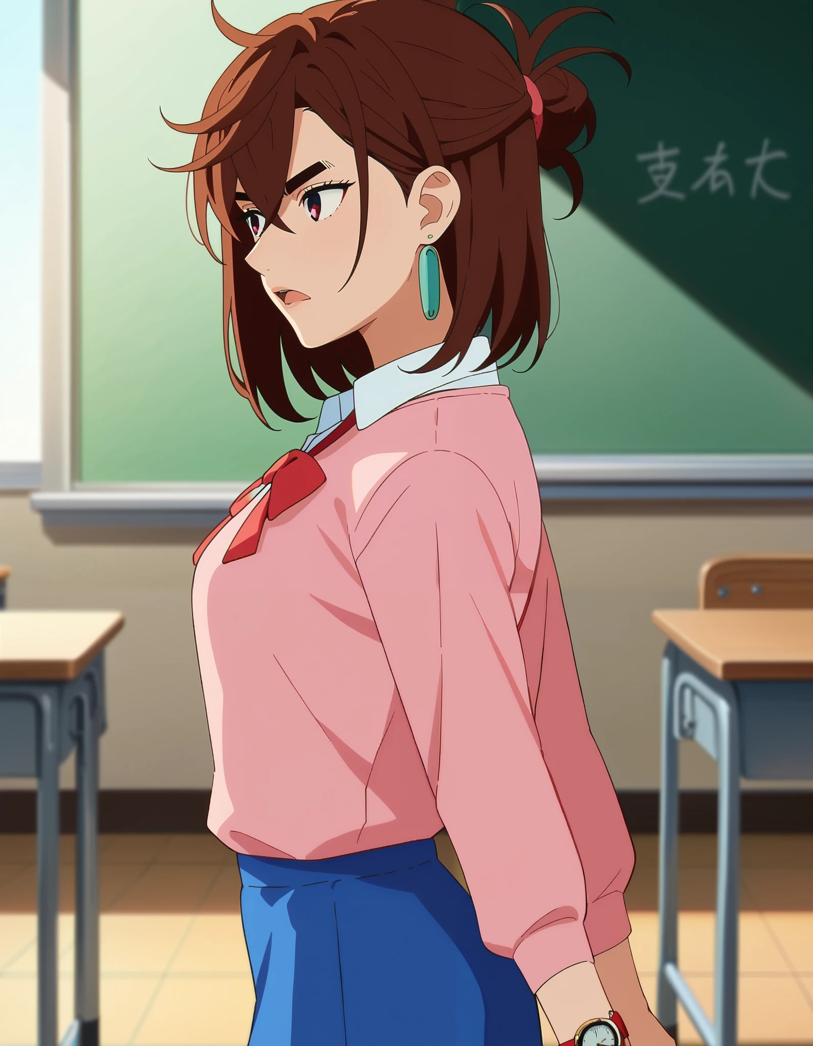  score_9,  score_8_up,  score_7_up, Anime screencap,  source_Anime,  1 girl, Alone,
KYOMOMO,  brown hair, Dark Eyes,  medium hair up to buttocks,  hair between eyes ,  thick eyebrows,  earrings for a woman alone, 
  white collared shirt  ,  pink pullover too big,  Long Sleeve , Red Ribbon,  Blue Short Skirts, untucked shirt, 
Arms at your sides, Serious, from side,  Watch viewers,  open mouth, 
classroom, Daytime,
(beautiful,  medium chest :1.2),