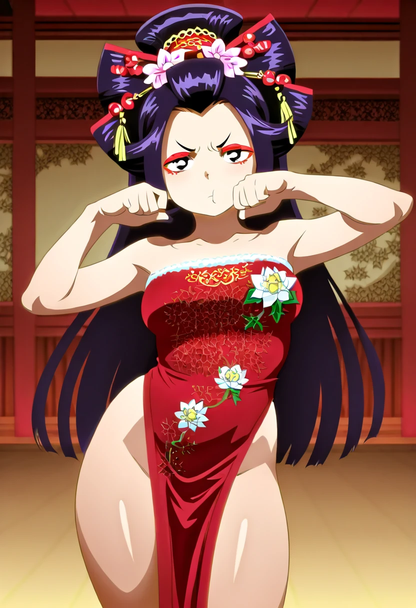 masterpiece, best quality, beautiful art, high resolution, well formed hands, body and fingers, 1 woman, solo, Karin Maaka, grown up, adult, big breasted, cleavage, full body, cosplaying as Mai Shiranui, long hair , hair ribbon, gorgeous legs, hips and thighs, ryona , in peril, , defeated , knocked out, passed out, unconscious, closed eyes, laying down on the sand, exposed extended body, sexy defeated pose, sexy smirk on her face, showing vulnerability and helplessness, defeat and KO scene, martial arts tournament on the beach