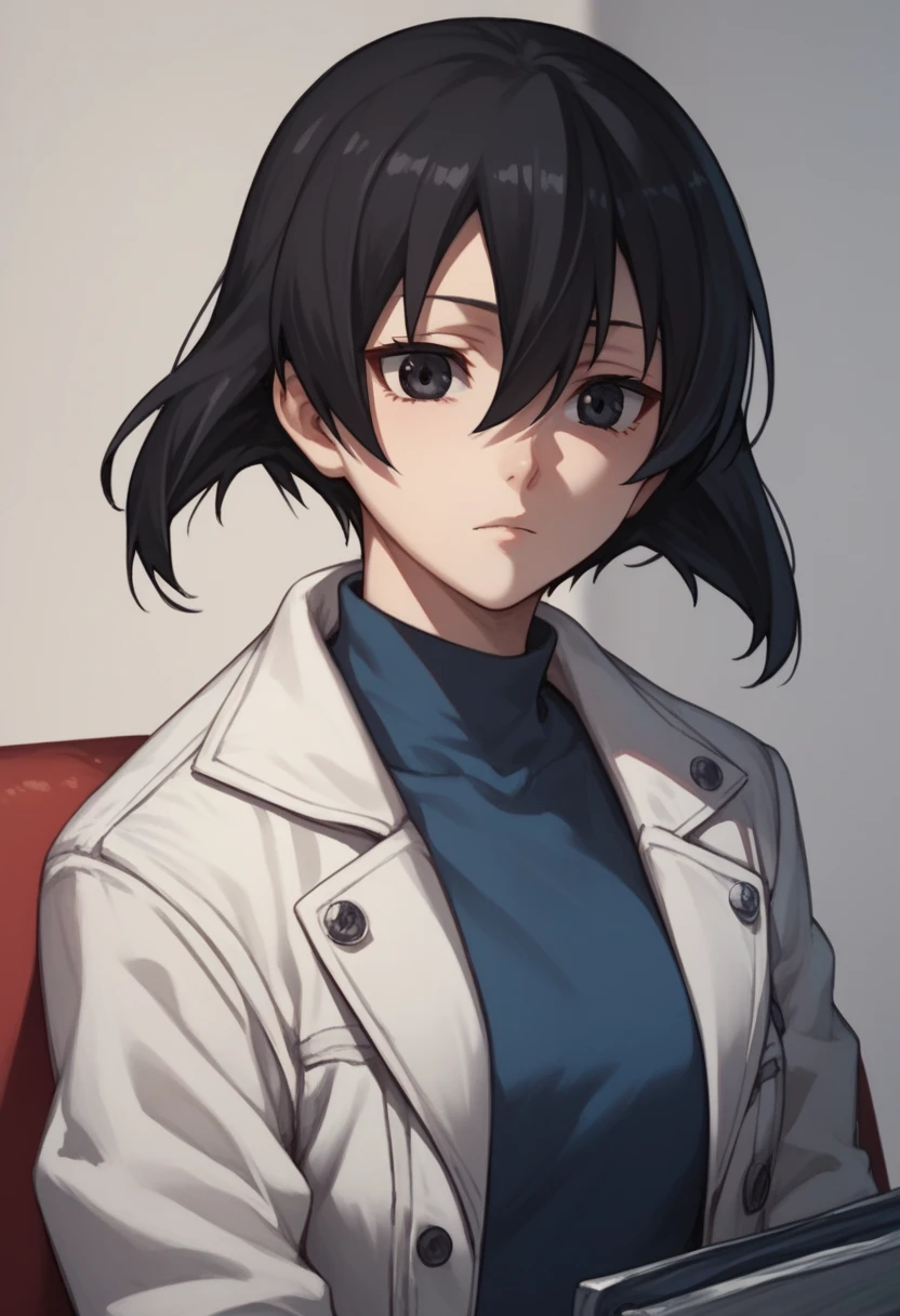 1girl,solo,kurome, short hair, black hair, black eyes, hair between eyes,wearing a white jacket and blue shirt, jeans 