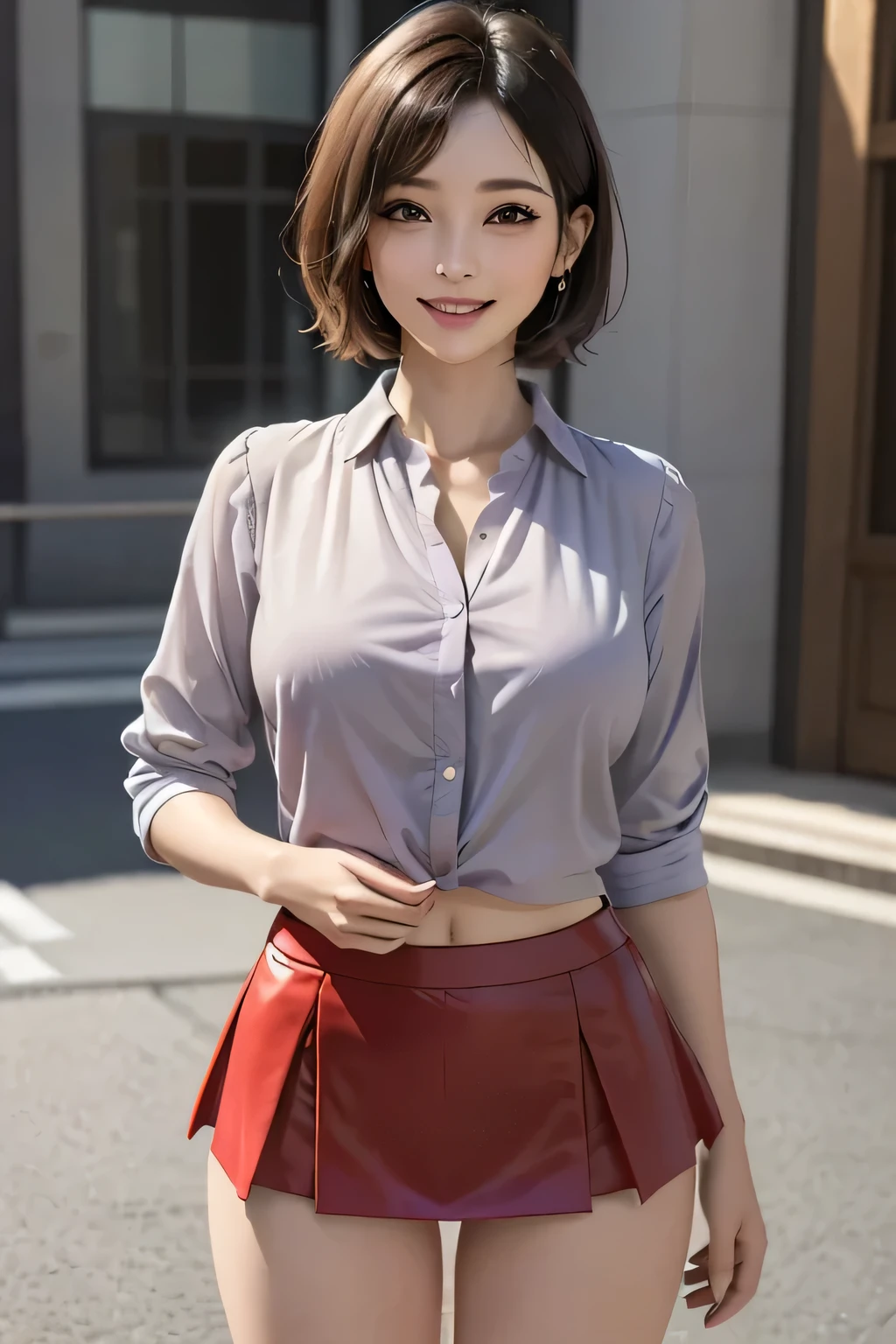 (1 Ultimate Beautiful Mature Woman),  very detailedな顔,  beautiful brown eyes,  double eyelids , detail lip ,  has short black hair , (Light purple blouse:1.2), ( red tight mini skirt :1.4), ( Big Breasts ), smile, Thighs,   perfect lighting , ( realistic :1.4), ( very detailed), ( top quality), (best shadow), (masterpiece), ( top quality), ( super high resolution),  ((background:  Tokyo Ginza Art Gallery))