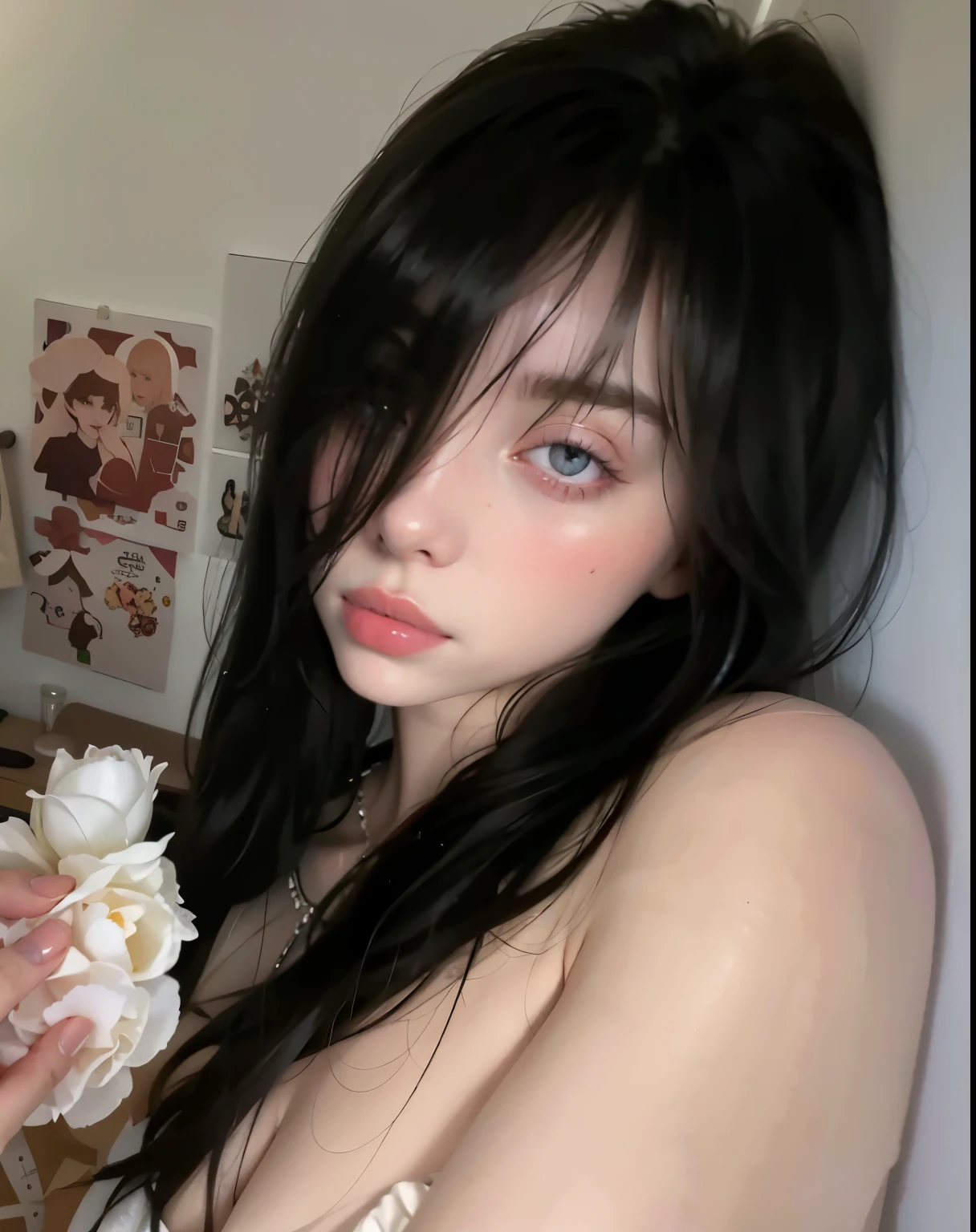 top quality, maximum detail, Photo of a nude cute girl, blue skin, full length, slim body with thin waist, pretty breasts, on the bed, long black hair, blue eyes, Uncensored, The camera shoots from above.
