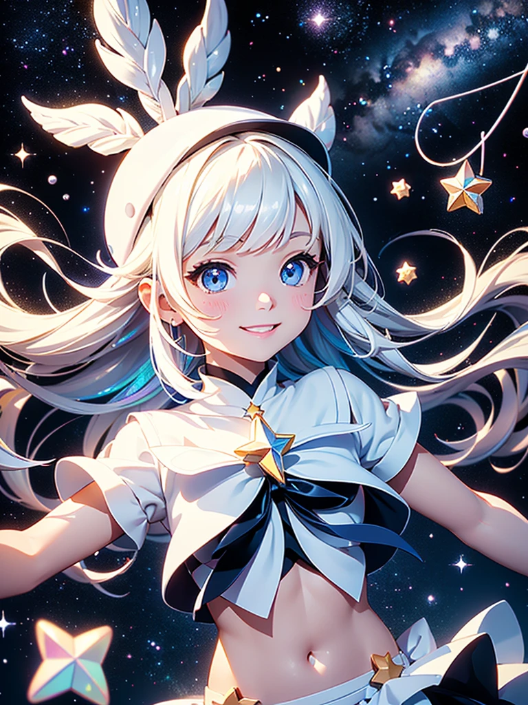 ((angel girl)&(teens girl))+((thedemongirl)&(teens girl)), red color eyes, white color hair, Evil eyes, Evil laughter, starryskybackground, shadowing+Half-light illumination, Reduced brightness, Overall blue tones, Add clarity, Add details, Multi-tone, Particle effects。Expose