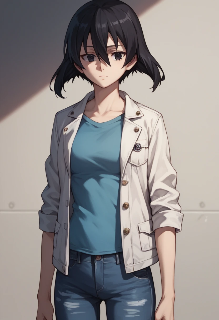 1girl,solo,kurome, short hair, black hair, black eyes, hair between eyes, standing ,wearing a white jacket and blue shirt, jeans 