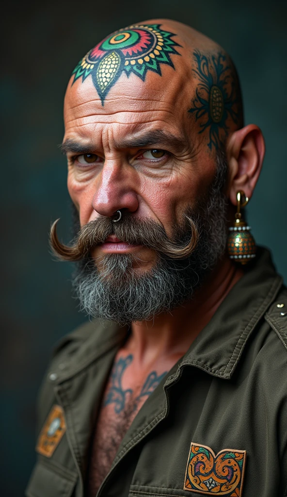 A close-up portrait of a bulky, muscular middle-aged man with a square jaw. He is bald, with a thick mustache ((no beard)) ((no goatee)). Colourful cryptic mandala tattooes are on his head, radiating soft, ethereal light. The man wears ethnic titanium earrings and a matching nose ring, intricately designed with cultural patterns. The lighting is realistic, highlighting the rugged texture of his skin and the soft glow of the tattoo. The background is blurred and neutral, drawing attention to the intensity of his gaze and facial features.

