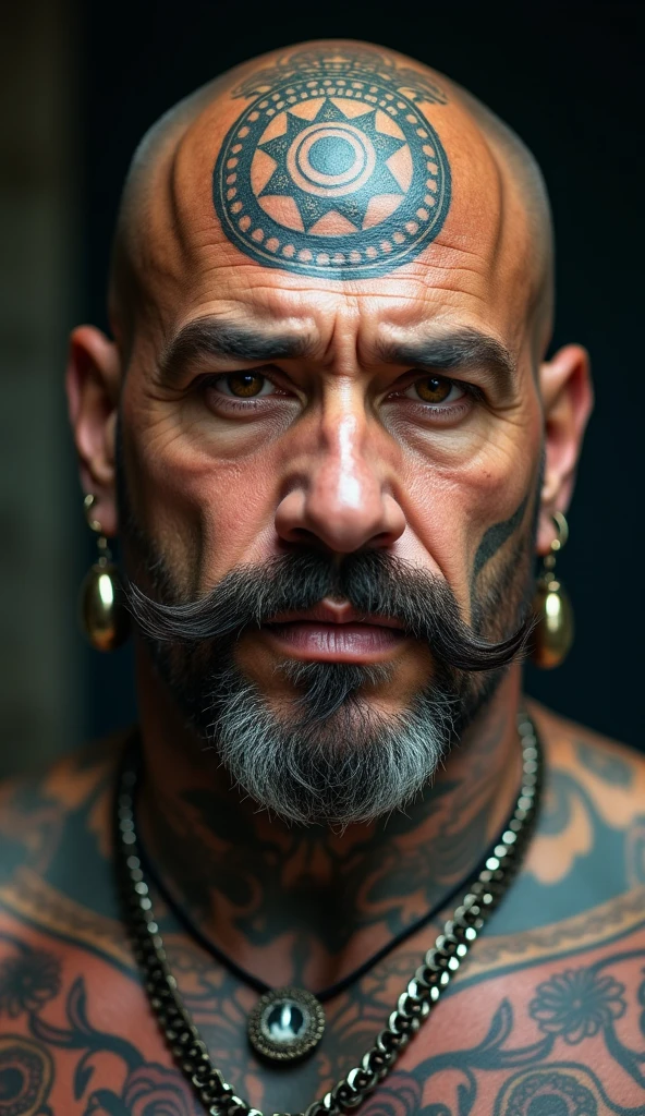 A close-up portrait of a bulky, muscular middle-aged man with a square jaw. He is bald, with a thick mustache ((no beard)) ((no goatee)). Colourful cryptic mandala tattooes are on his head, radiating soft, ethereal light. The man wears ethnic titanium earrings and a matching nose ring, intricately designed with cultural patterns. The lighting is realistic, highlighting the rugged texture of his skin and the soft glow of the tattoo. The background is blurred and neutral, drawing attention to the intensity of his gaze and facial features.

