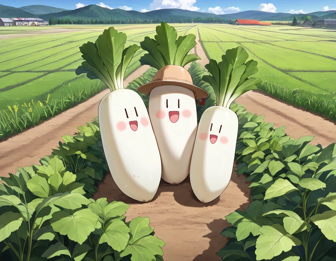 score_9, score_8_up, score_7_up, source_anime, (masterpiece:1.3, best quality:1.3, 8k,  highres icon:1.3), Farmer Man and Woman ,  daikon harvesting , radish field,  Idyllic Field Scenery ,  Beautiful Rural Scenery