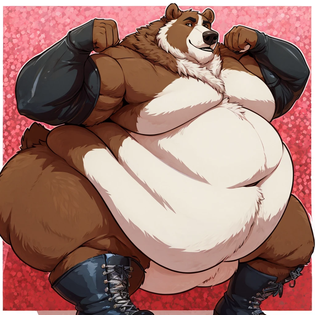 furry, fur taur, beartaur, middle-age, solo, detailed face, bear ears, bear eyes(brown), bear nose(black), bear mouth, full beard(white), mature hair(white), detailed arms, thick arms, muscular, thick hands(5 fingers), detailed body belly, thick body, muscle belly(brown), thick chest, chest hair(black), detailed taur body, thick taur body, thick bear paws, thick bear tail, full body shot, standing, market