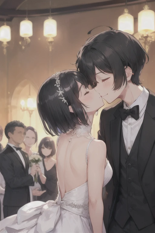  boy in a black tuxedo ( short hair to be shoulderedー, black hair) standing girl in a wedding dress( black hair, short hair to be shouldered, bob hair)Kiss, Smile ,  closed eyes, Red face, The background is a wedding hall 