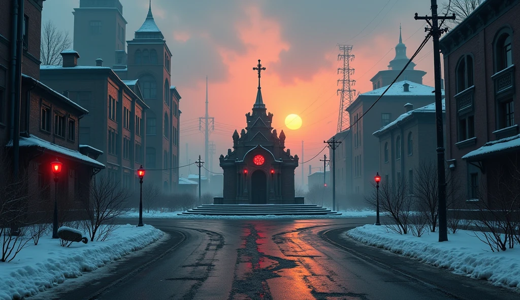 A hyper-detailed 2D illustrator art wallpaper, Grimmdark, contrast moment, low angle fps looking up view, medium close-up shot, in the winterscape twighlight foggy morning. Sunset on skyline, the red and pink hue painting on. the High small Shrine in center of the square, middle the Crossroad. Gothic style Architecture, industrial evolutionary age. masterpiece blends ultra-realistic details with rich textures and atmospheric realism, rendered in stunning 32k resolution, ensuring a cinematic and immersive viewing experience. A truly high-quality, official-art-style composition that embodies power, artistry.
