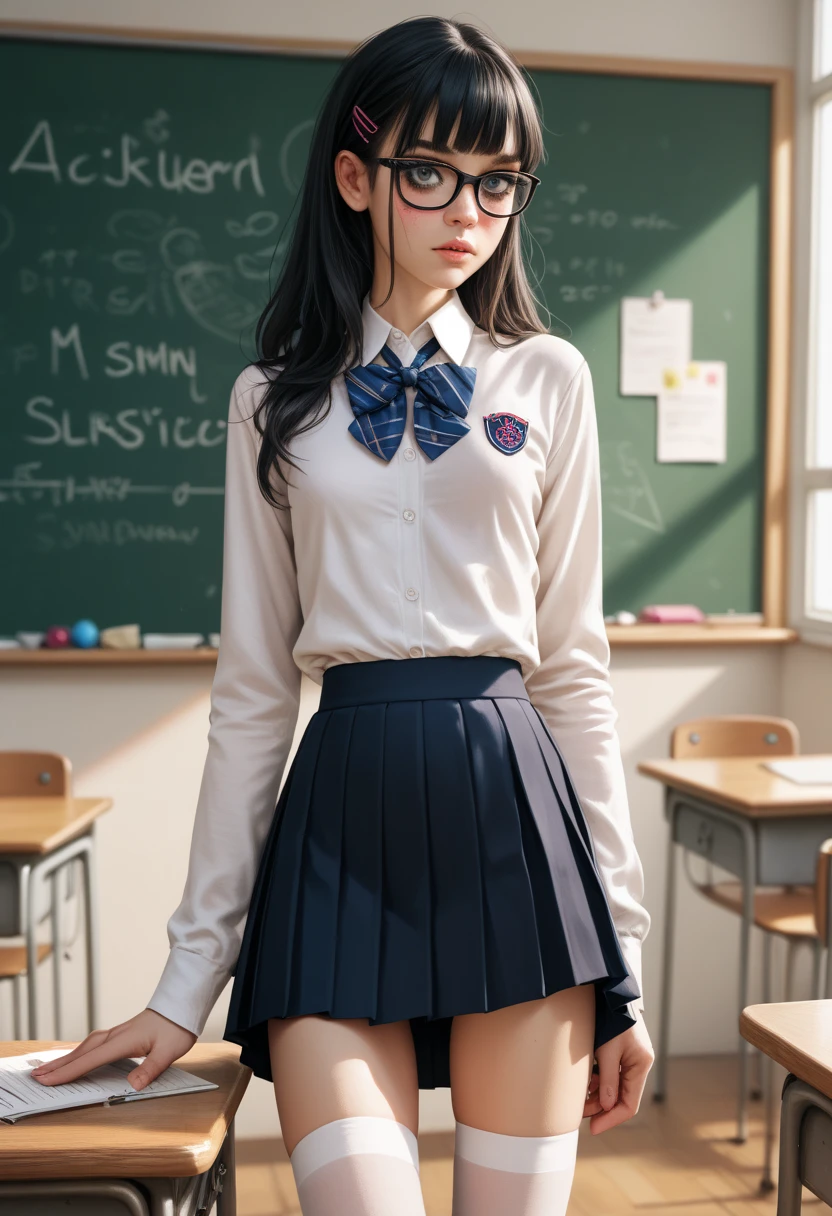 score_9, score_8_up, score_7_up, sfw, Anatomically Correct, cowboy shot, ((young girl:1.5)), (very skinny, skinny legs, skinny ass)), long black hair, dark mascara, nerdy girl with glasses, wearing a school outfit including a pleated skirt, a tight button up sweater, thigh-high stockings,    The scene is set in a classroom, with a blackboard in the background and desks neatly arranged. 