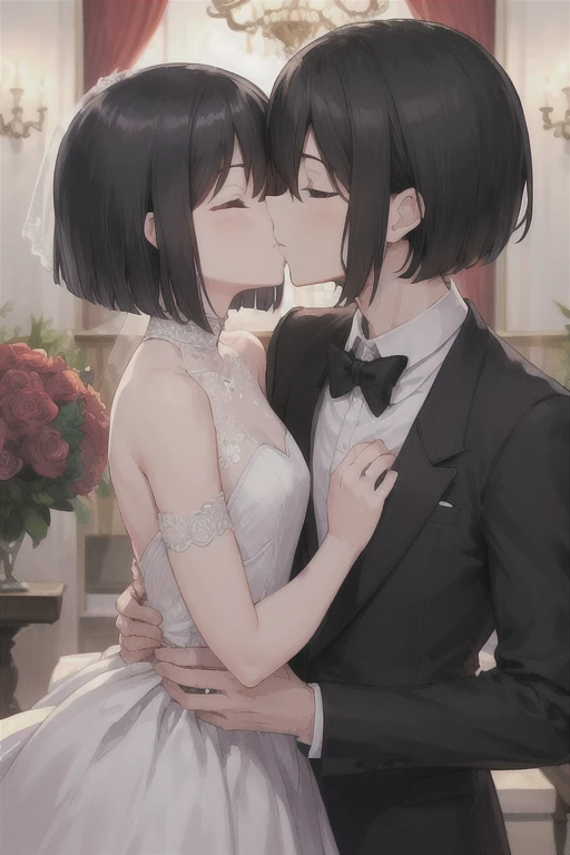  boy in a black tuxedo ( short hair to be shoulderedー, black hair) standing alone( black hair, short hair to be shouldered, bob hair)Kiss, Smile ,  closed eyes, Red face, The background is a wedding hall 、 in a wedding dress with 