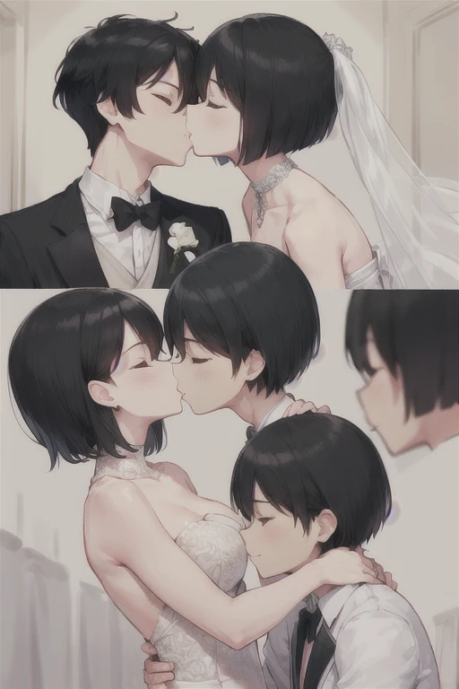  boy in a black tuxedo ( short hair to be shoulderedー, black hair) standing alone( black hair, short hair to be shouldered, bob hair)Kiss, Smile ,  closed eyes, Red face, The background is a wedding hall 、 in a wedding dress with 