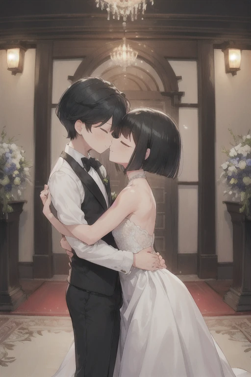  boy in a black tuxedo ( short hair to be shoulderedー, black hair) standing alone( black hair, short hair to be shouldered, bob hair)Kiss, Smile ,  closed eyes, Red face, The background is a wedding hall 、 in a wedding dress with 