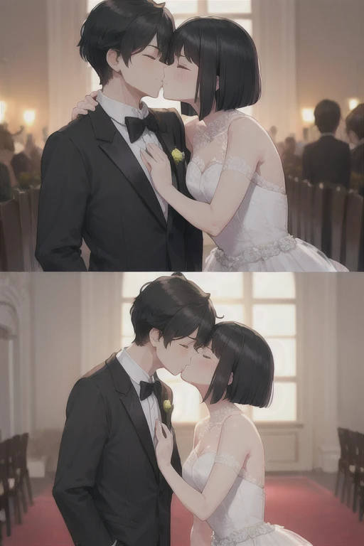  boy in a black tuxedo ( short hair to be shoulderedー, black hair) standing alone( black hair, short hair to be shouldered, bob hair)Kiss, Smile ,  closed eyes, Red face, The background is a wedding hall 、 in a wedding dress with 