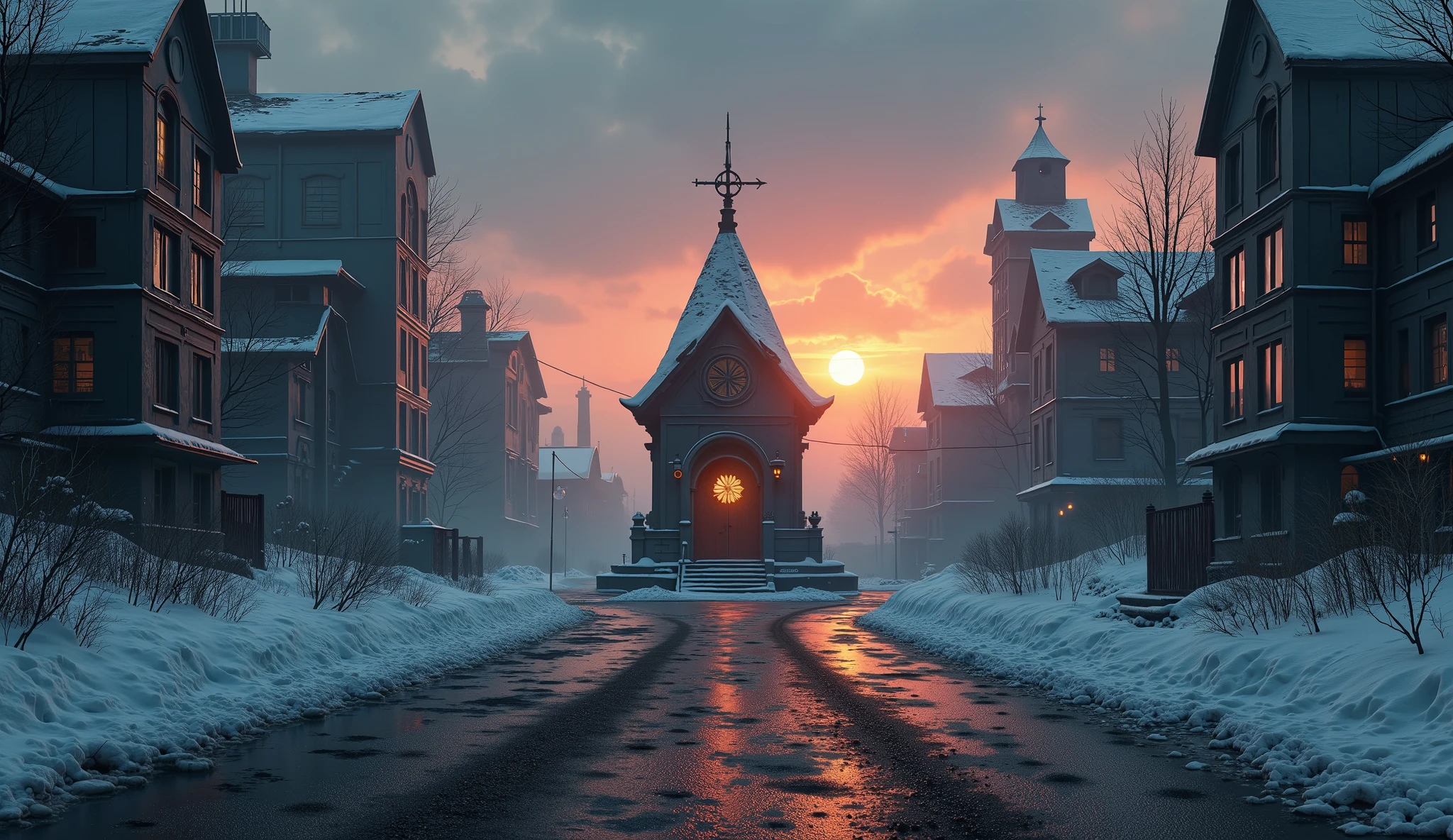 A hyper-detailed 2D illustrator art wallpaper, Grimmdark, contrast moment, low angle fps looking up view, medium close-up shot, in the winterscape twighlight foggy morning. Sunset on skyline, the red and pink hue painting on. the High small Shrine in center of the square, middle the Crossroad. Gothic style Architecture, industrial evolutionary age. masterpiece blends ultra-realistic details with rich textures and atmospheric realism, rendered in stunning 32k resolution, ensuring a cinematic and immersive viewing experience. A truly high-quality, official-art-style composition that embodies power, artistry.
