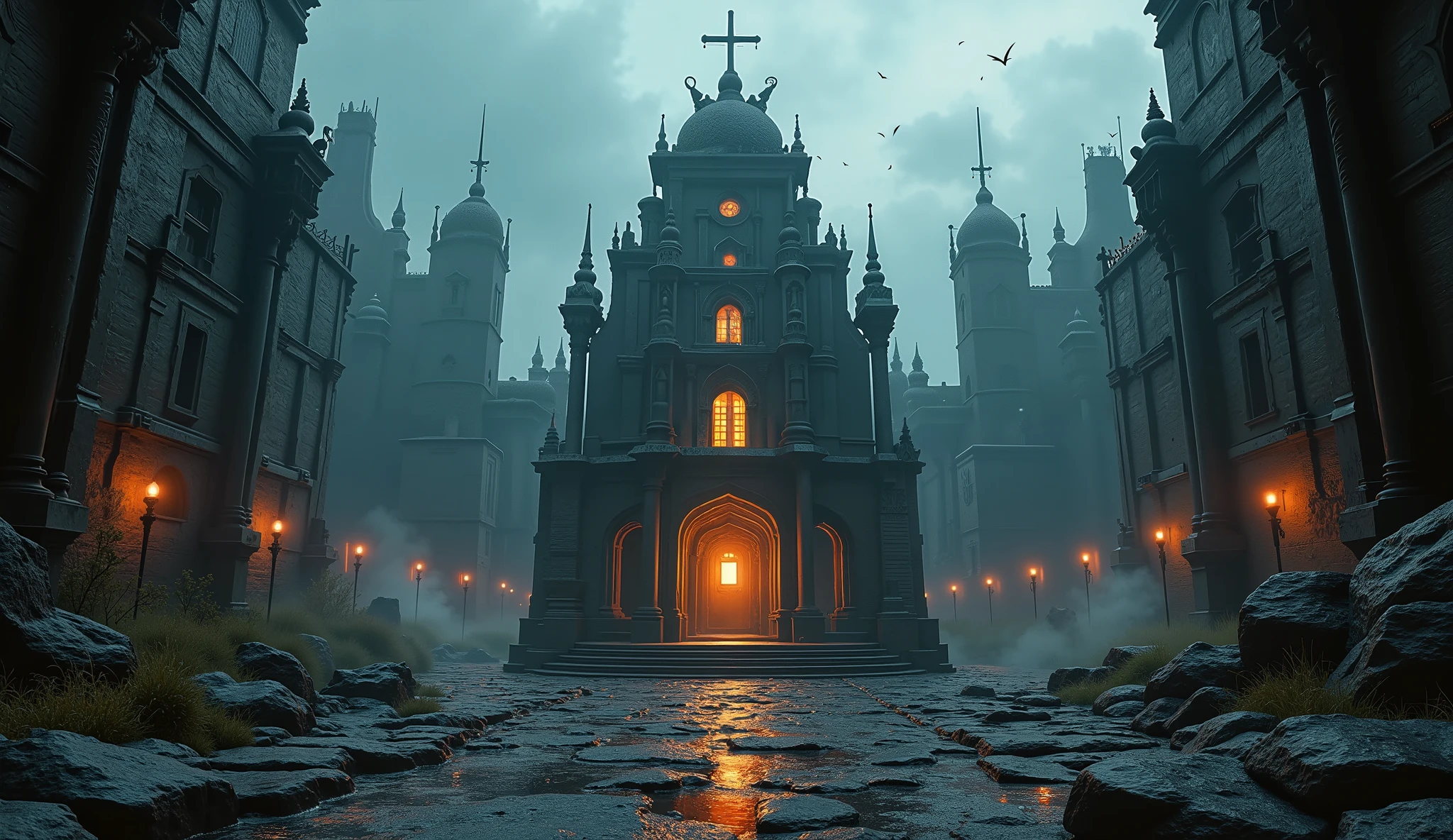 A hyper-detailed 2D illustrator art wallpaper, Grimmdark, contrast moment, low angle fps looking up view, the High small Shrine in center of the square, middle the Crossroad. Gothic style Architecture, industrial evolutionary age. masterpiece blends ultra-realistic details with rich textures and atmospheric realism, rendered in stunning 32k resolution, ensuring a cinematic and immersive viewing experience. A truly high-quality, official-art-style composition that embodies power, artistry.
