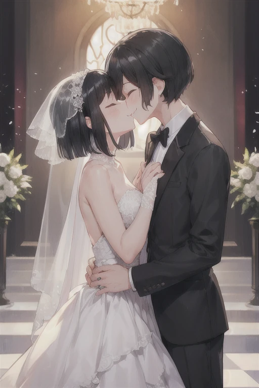  boy in a black tuxedo ( short hair to be shoulderedー, black hair) standing alone( black hair, short hair to be shouldered, bob hair)Kiss, Smile ,  closed eyes, Red face, The background is a wedding hall 、 in a wedding dress with 