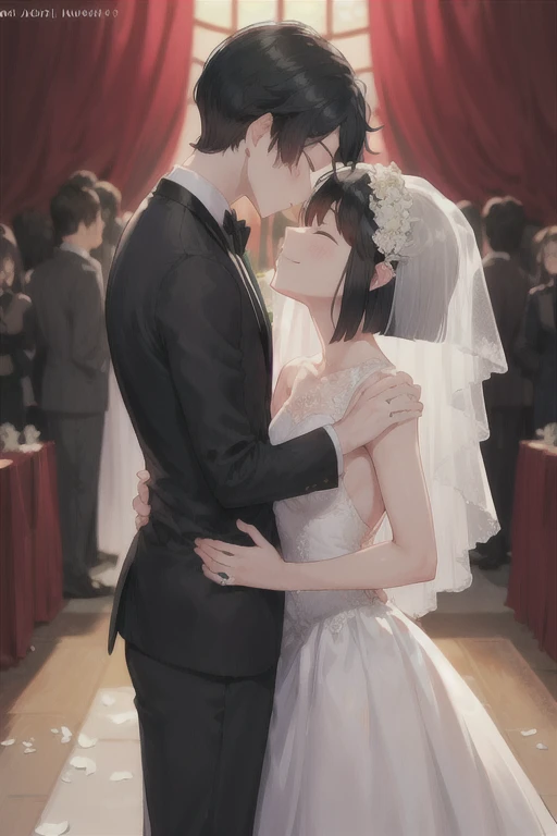  boy in a black tuxedo ( short hair to be shoulderedー, black hair) standing alone( black hair, short hair to be shouldered, bob hair)Kiss, Smile ,  closed eyes, Red face, The background is a wedding hall 、 in a wedding dress with 