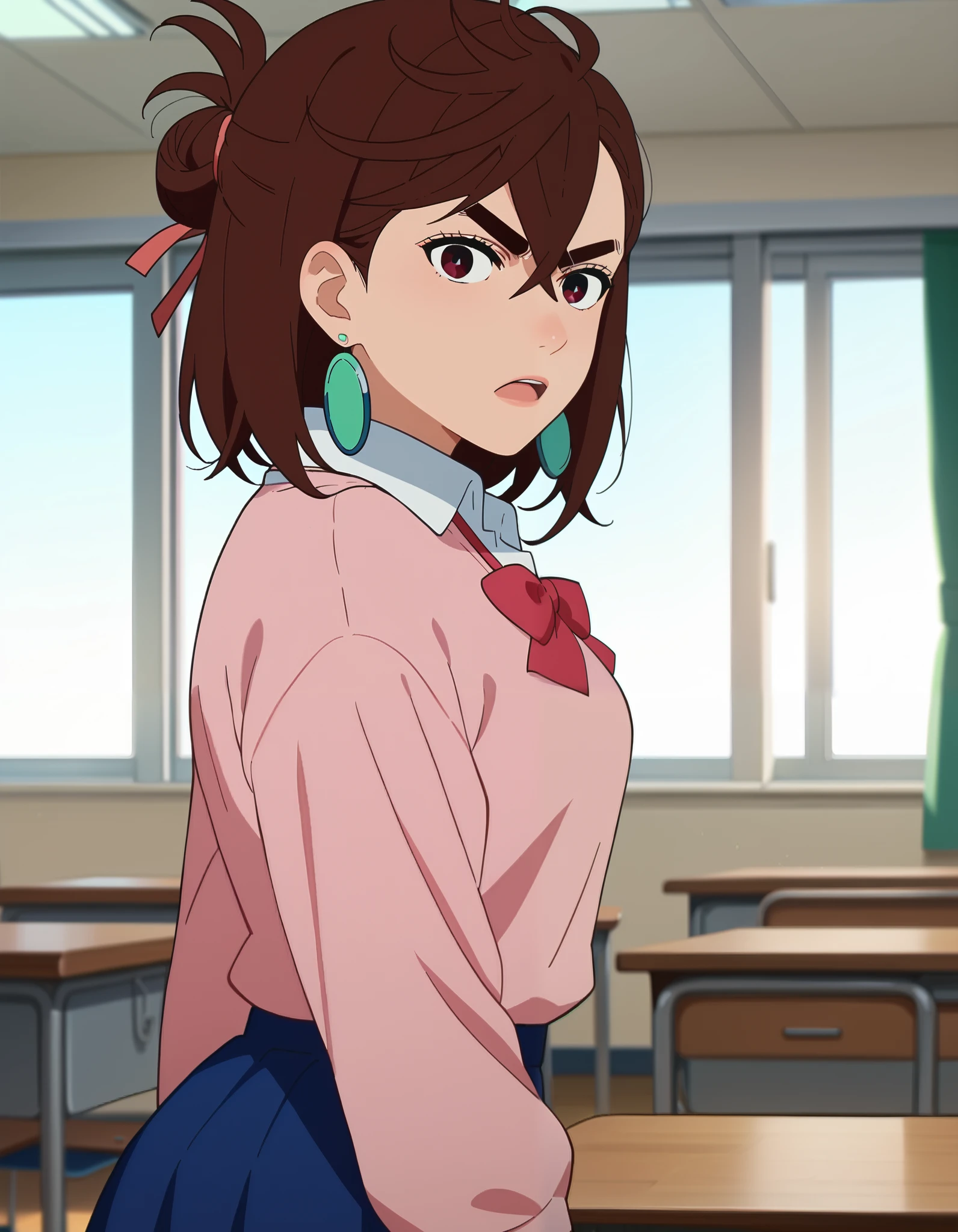  score_9,  score_8_up,  score_7_up, Anime screencap,  source_Anime,  1 girl, Alone,
KYOMOMO,  brown hair, Dark Eyes,  medium hair up to buttocks,  hair between eyes ,  thick eyebrows,  earrings for a woman alone, 
  white collared shirt  ,  pink pullover too big,  Long Sleeve , Red Ribbon,  Blue Short Skirts, untucked shirt, 
Arms at your sides, Serious, from side,  Watch viewers,  open mouth, 
classroom, Daytime,
(beautiful,  medium chest :1.2), Alone