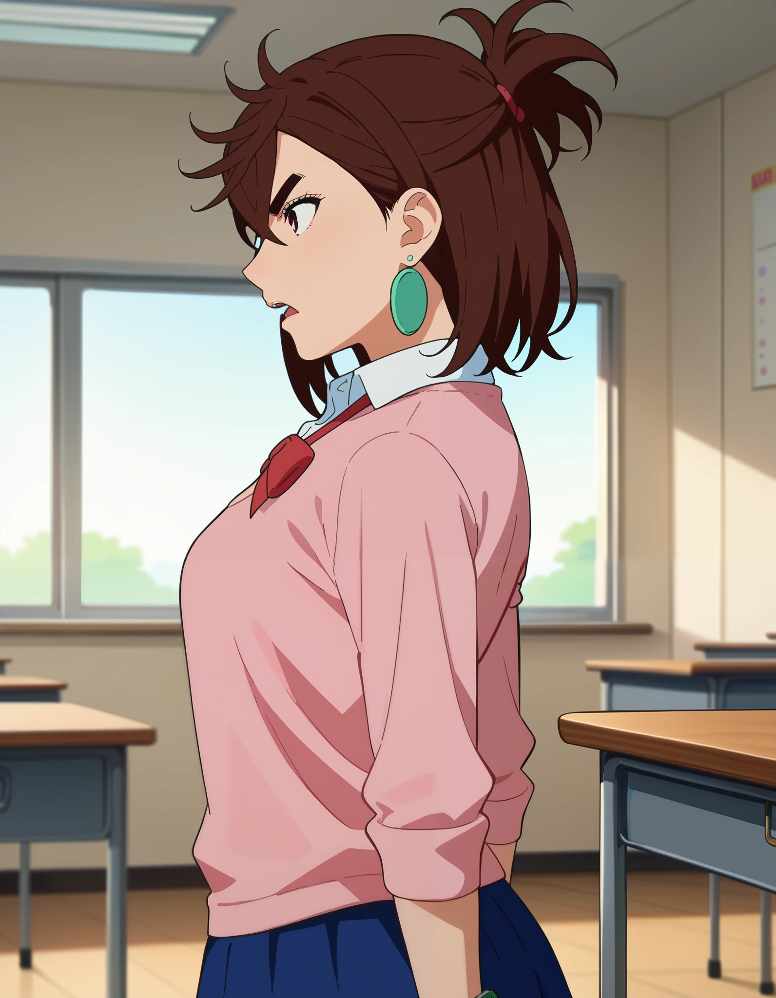  score_9,  score_8_up,  score_7_up, Anime screencap,  source_Anime,  1 girl, Alone,
KYOMOMO,  brown hair, Dark Eyes,  medium hair up to buttocks,  hair between eyes ,  thick eyebrows,  earrings for a woman alone, 
  white collared shirt  ,  pink pullover too big,  Long Sleeve , Red Ribbon,  Blue Short Skirts, untucked shirt, 
Arms at your sides, Serious, from side a bit, (( Watch viewers)),  open mouth, 
classroom, Daytime,
(beautiful,  medium chest :1.2), Alone