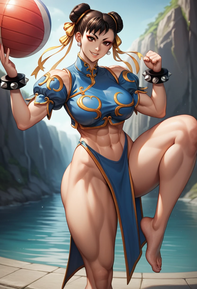 score_9, score_8_up, score_7_up,source_anime,anime coloring,perfect anatomy,cinematic_shadow,detailed_skins
BREAK
chunli, 1girl, chun-li, breasts, double bun, hair bun, solo,, big breast, outdoors, thighs, jewelry, large breasts, navel, looking at viewer, thick thighs, brown eyes, ribbon,, earrings, abs, highleg, brown hair, hair ribbon,, muscular, lips, parted lips, standing on one leg, toned, fighting stance,barefoot, , yellow ribbon, standing, black hair, bangs, leg up, , smile, collarbone, makeup , full blue dress chunli outfit, transparant stocking