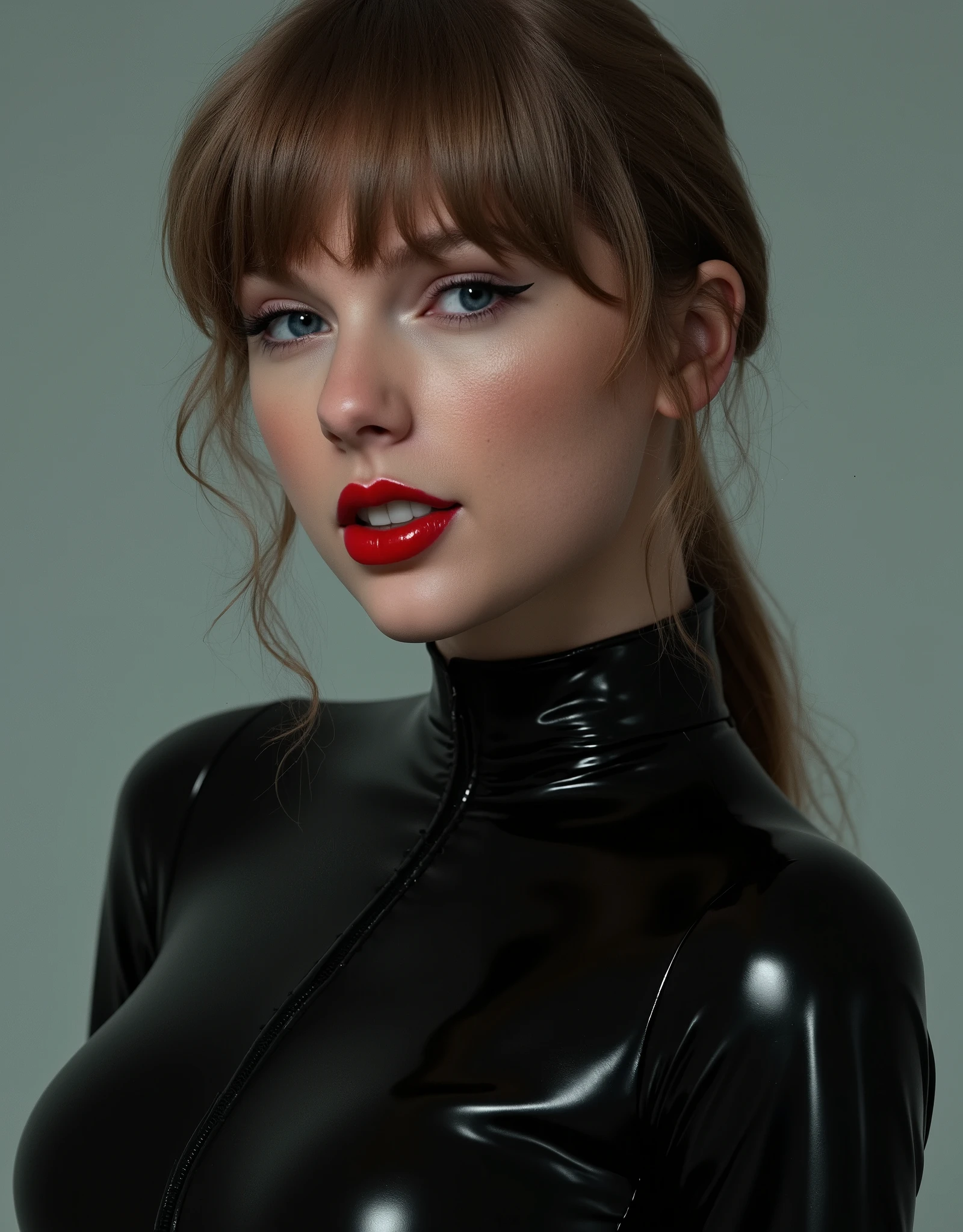 portrait of taylor, wearing a latex school uniform, she is wearing shiny red lip gloss, 