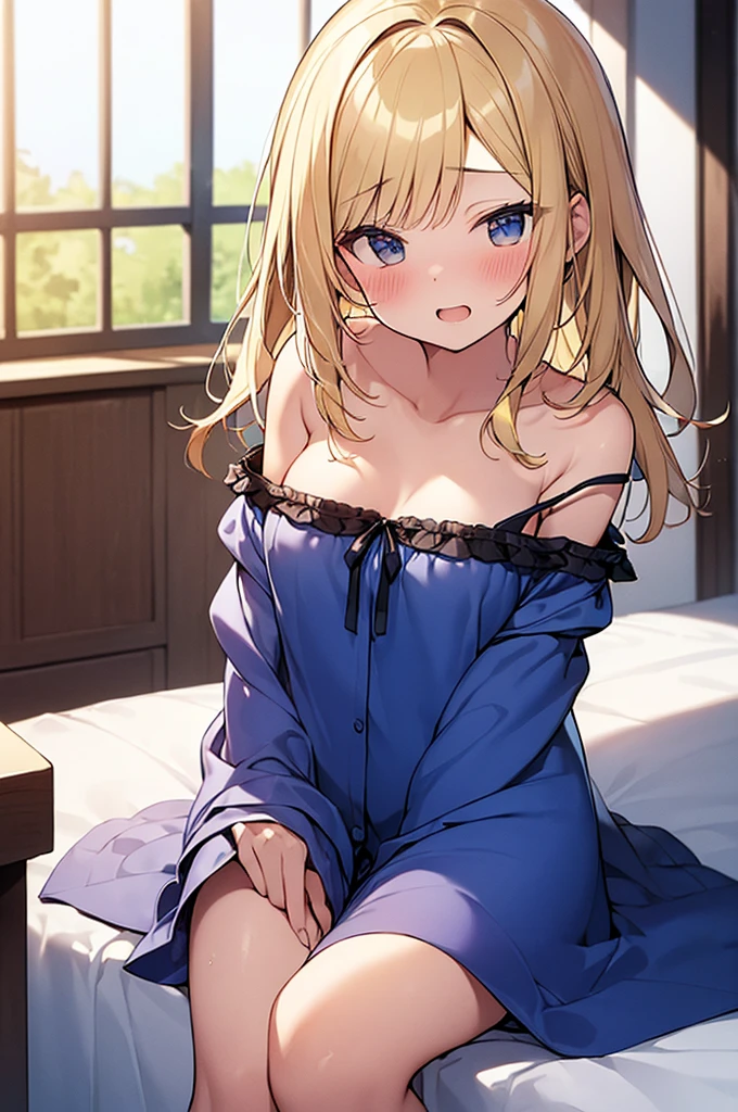 beste-Qualit、One girl、a blond、Longhaire、Blue eyes、blhushed face、Opening Mouth、Small face、Put your hands on your face、black kimono dress:1.7、floral print:1.4、tetas grandes:1.4、Open chest:1.3、Short skirt、beauty legs、laying on back:1.5、Above the hotel bed、View here、Angle from above、Background blur