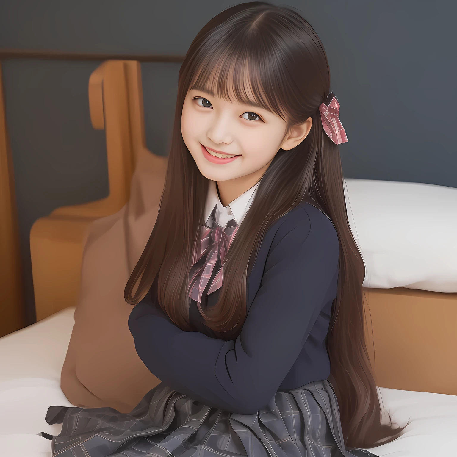 (Highest quality, masterpiece:1.2), Highest quality, High resolution, 1080P, 8k, clearly detailed, (Noble super-pretty long hair hair super-beautiful super-bewitching super-cute expensive school-uniform pretty slender **yo girl of most beautiful school-uniform girl models photo magazine in Japan, too beautiful aristocratic daughter is taking the viewer into the noble-royal-pink-girly-gorgeous-huge-soft-bed forcibly, laughing at the viewer, in supreme bliss, accepts the viewer's every desire: 2.0), (neat gorgeous school uniform of private high school in Japan. navy-school-blazer with gold-emblem, super-neat navy-blue-tartan-checkered blue-pleats-school-skirt, super-girly plain-red ribbon on the breast: 1.5), (bewitching expression, smile, lips, and pose to corrupt the viewer, everything is planned and prepared to corrupt the viewer into the allusion of love towards the girl: 1.2), (clearly detailed foreground focusing on girl's beauty and cuteness, gorgeous blue girly bed background of full-of-girls girly-heaven: 1.2), (extending her arms to the viewer like requesting hugging, calling out the name of the viewer loudly), (navy checkered school skirt), (full body shot)