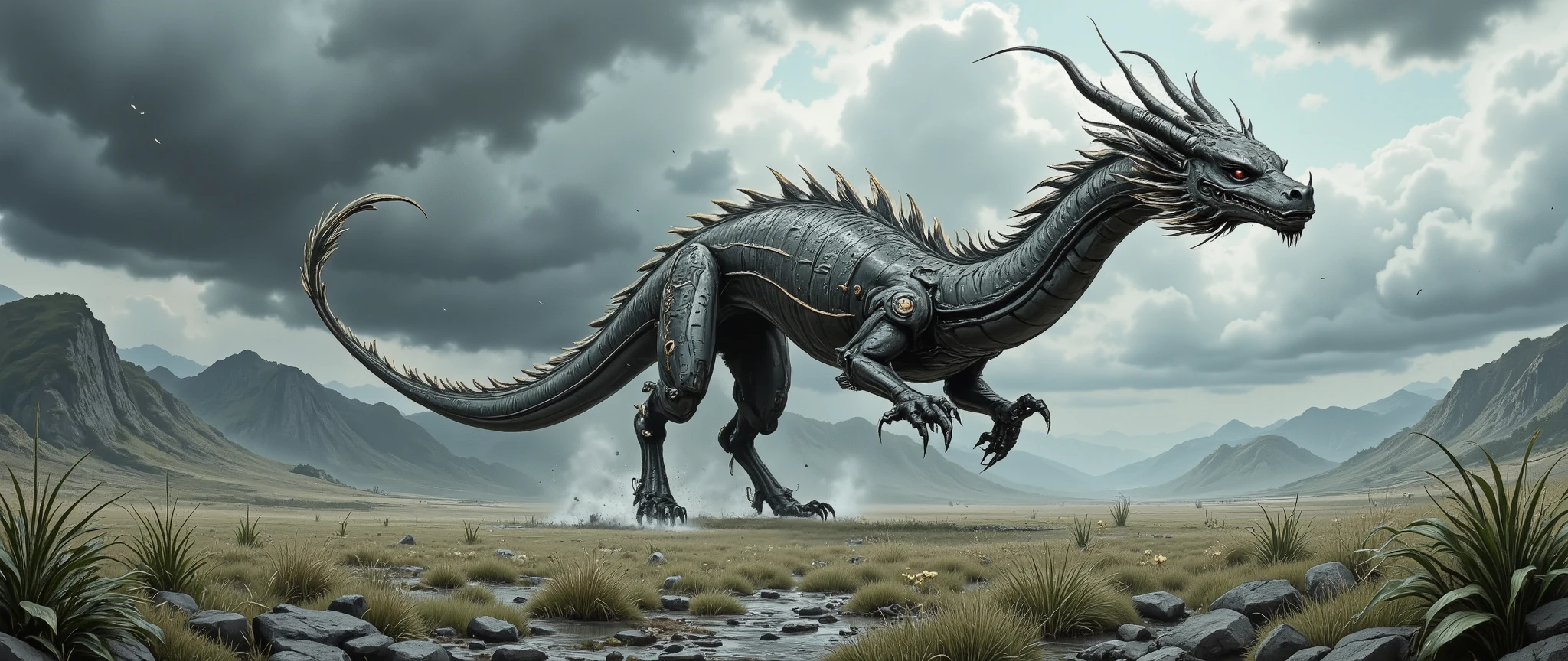 Wide view, high angle looking down the farmland shot, futuristic, Fantasy, cinematic scene. Dramatic storming sky background. The Chinese Dragon, The Asian black Dragon. the body is long, austere dark and metallic, the antler is metal, the eyes is Ruby and shining, four lég woth sharpen claws, golden beautiful fin and tail. wandering through sky, Golden runes and cybernectic line decorate, Grimmdark, mechanical. (Ultra-realistic, 32k, Masterpiece, High Quality, Detailed Realistic Background, Official Art, Realistic Lighting, filmfotos, film grain, reversal film photography).