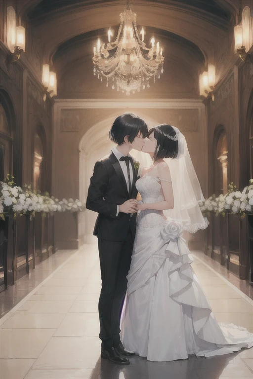 Boy in a white tuxedo ( short hair to be shoulderedー, black hair) is standing girl in a wedding dress( black hair, short hair to be shouldered, bob hair)Kiss, Smile ,  closed eyes, Red face, The background is a wedding hall 、 in a wedding dress with 