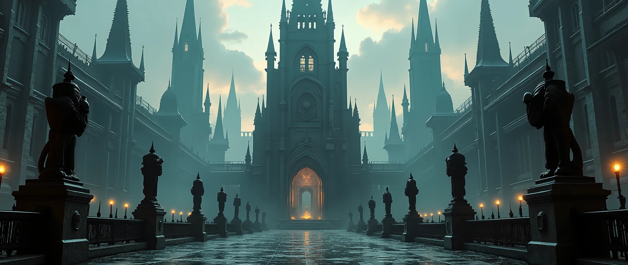 A hyper-detailed 2D illustrator art wallpaper, Grimmdark, contrast moment, the High little Shrine in center of the square, middle the Crossroad. Gothic style Architecture, industrial evolutionary age. masterpiece blends ultra-realistic details with rich textures and atmospheric realism, rendered in stunning 32k resolution, ensuring a cinematic and immersive viewing experience. A truly high-quality, official-art-style composition that embodies power, artistry.
