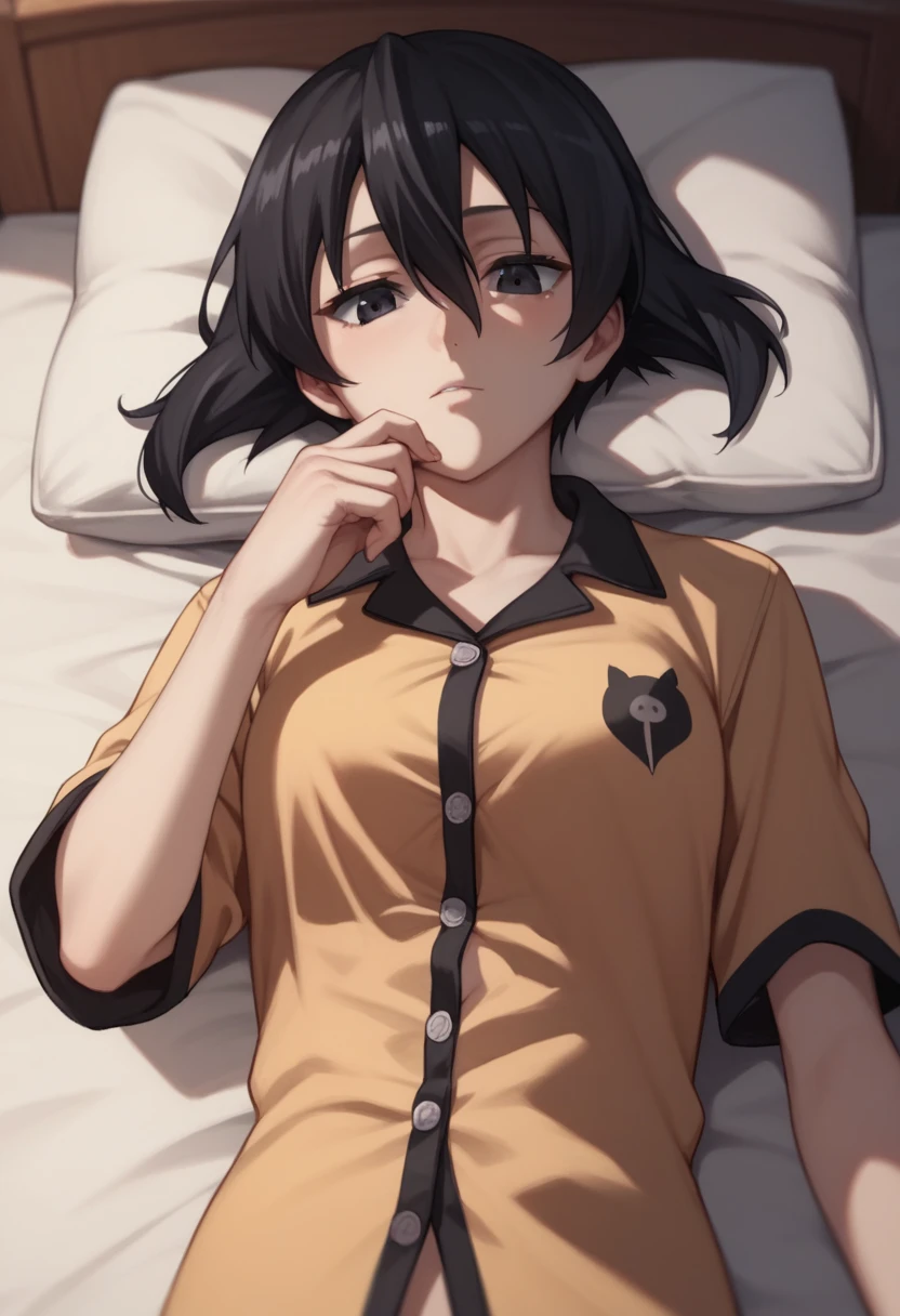 1girl,solo,kurome, short hair, black hair, black eyes, hair between eyes,Wear pajamas,lying on back, on bed ,in the room 