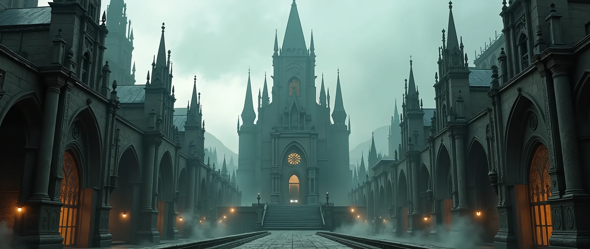 A hyper-detailed 2D illustrator art wallpaper, Grimmdark, contrast moment, the High little Shrine in center of the square, middle the Crossroad. Gothic style Architecture, industrial evolutionary age. masterpiece blends ultra-realistic details with rich textures and atmospheric realism, rendered in stunning 32k resolution, ensuring a cinematic and immersive viewing experience. A truly high-quality, official-art-style composition that embodies power, artistry.
