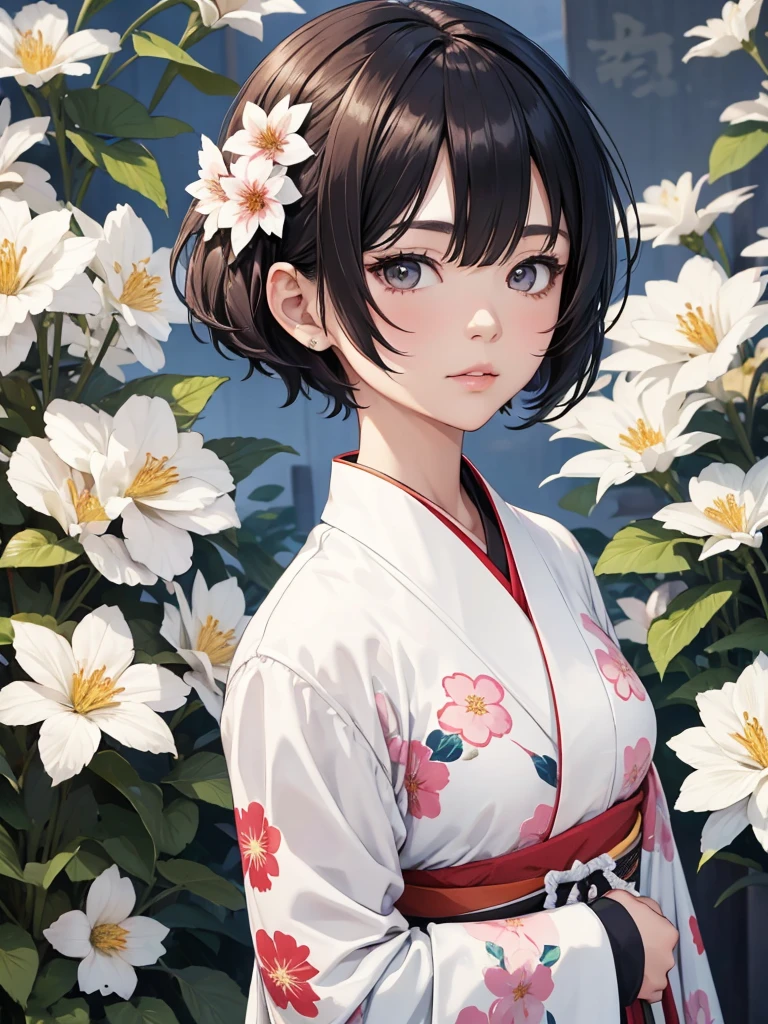 1woman, wearing a long Japanese kimono with flowers art, at a japan village , white colour short hair, 2B' s hair style, 8k, high detailed, high quality, high accuracy