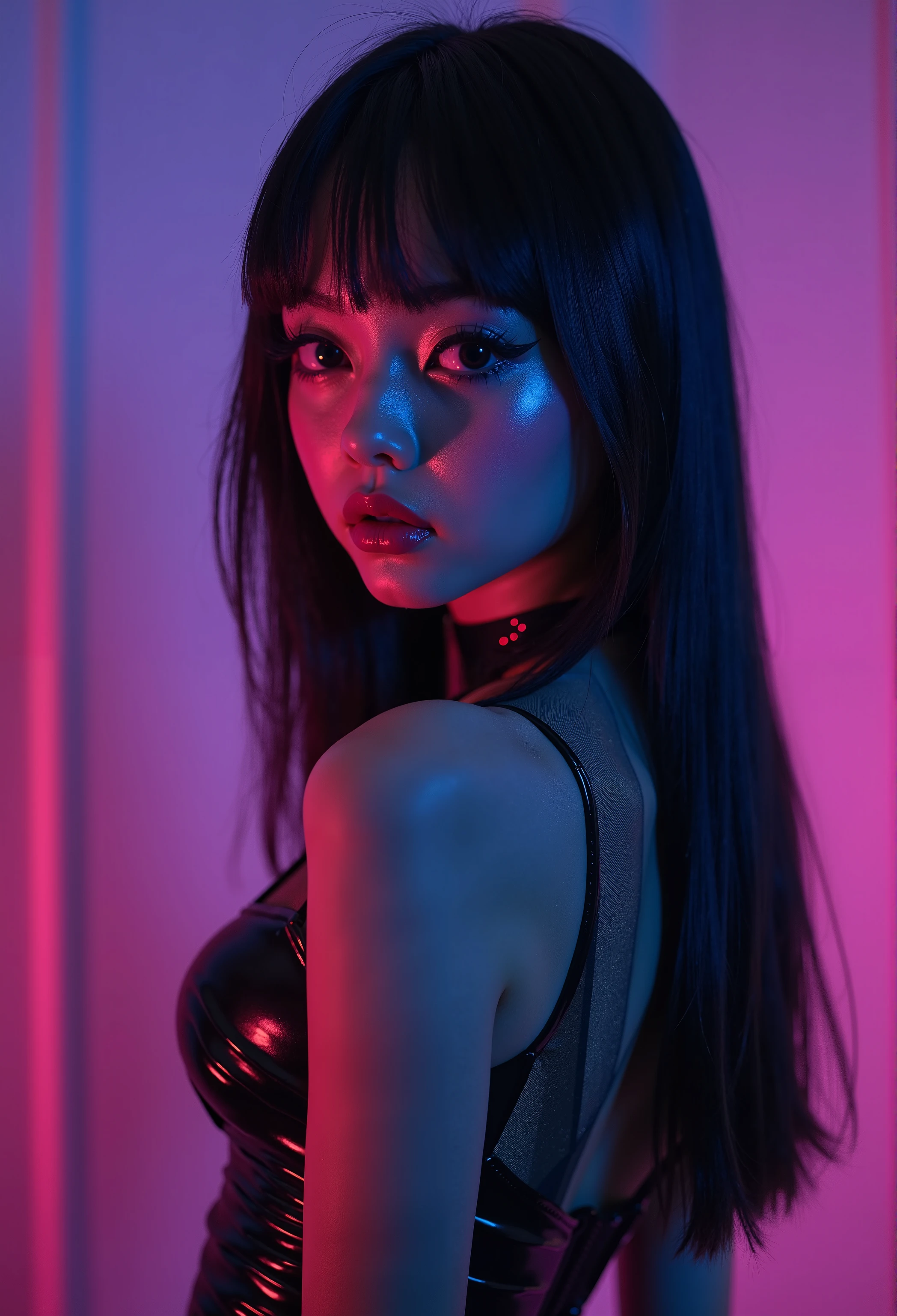 (1 girl 1.3) (extremely detailed 1.3) (anatomically correct, High precision, realistic skin) (RAW photo, nikon, 8k, Super detailed, advanced details, intricate details,), (Lighting: Face lighting, Ray tracing, reflective light, Structurally correct) ((Background: back room of a nightclub 1.3)) ((divine aura, goddess of fertility, sex, and eroticism) (Subject: beautiful half-asian, mixed asian-european, bronze skin, woman with hair in black curls and coils) (wearing: glamorous detailed embroidered goth lolita rave, corset, teal and black, golden ancient jewellery on arms and neck wrists and fingers, wearing elegant gold and black high heel boot new rocks),  ((beautiful big eyes looking up at the viewer, black shiny lipstick, perfect asian goth cyber makeup))