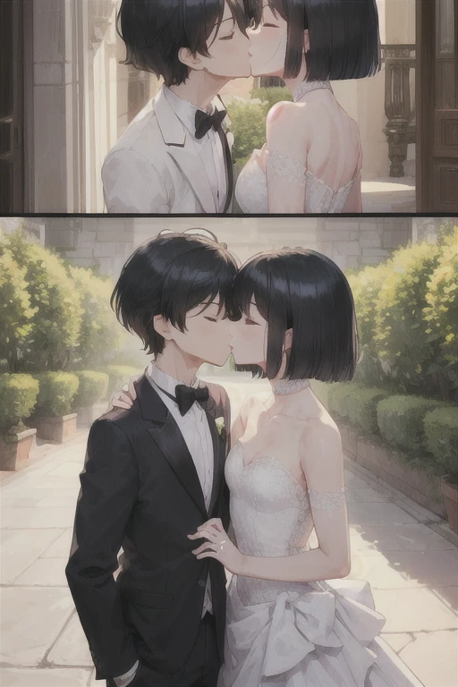 Boy in a white tuxedo ( short hair to be shoulderedー, black hair) is standing girl in a wedding dress( black hair, short hair to be shouldered, bob hair)Kiss, Smile ,  closed eyes, Red face, The background is a wedding hall 、 in a wedding dress with 