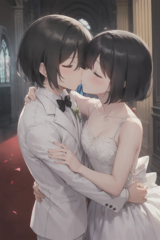 Boy in a white tuxedo ( short hair to be shoulderedー, black hair) is standing girl in a wedding dress( black hair, short hair to be shouldered, bob hair)Kiss, Smile ,  closed eyes, Red face, The background is a wedding hall 、 in a wedding dress with 