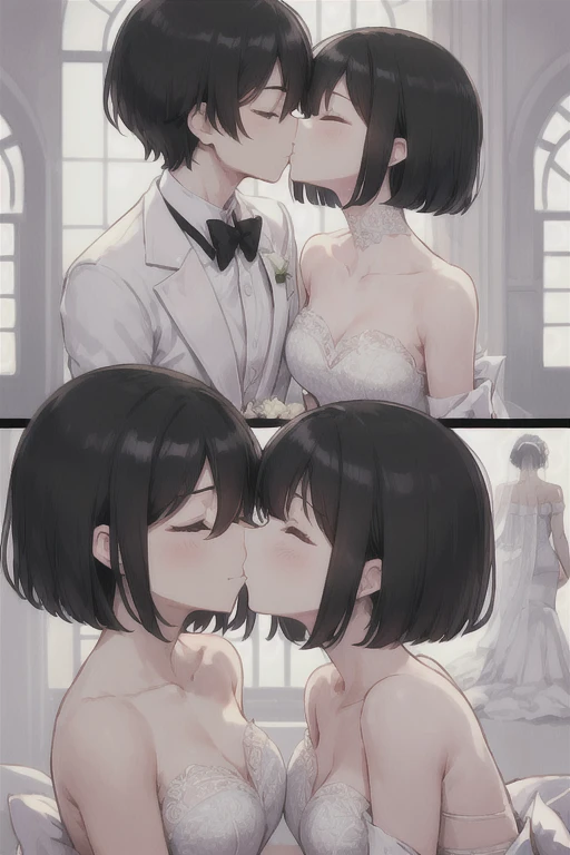 Boy in a white tuxedo ( short hair to be shoulderedー, black hair) is standing girl in a wedding dress( black hair, short hair to be shouldered, bob hair)Kiss, Smile ,  closed eyes, Red face, The background is a wedding hall 、 in a wedding dress with 